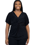 Plus Size V Neck Knot Front Kimono Sleeve Top