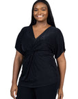 Plus Size V Neck Knot Front Kimono Sleeve Top