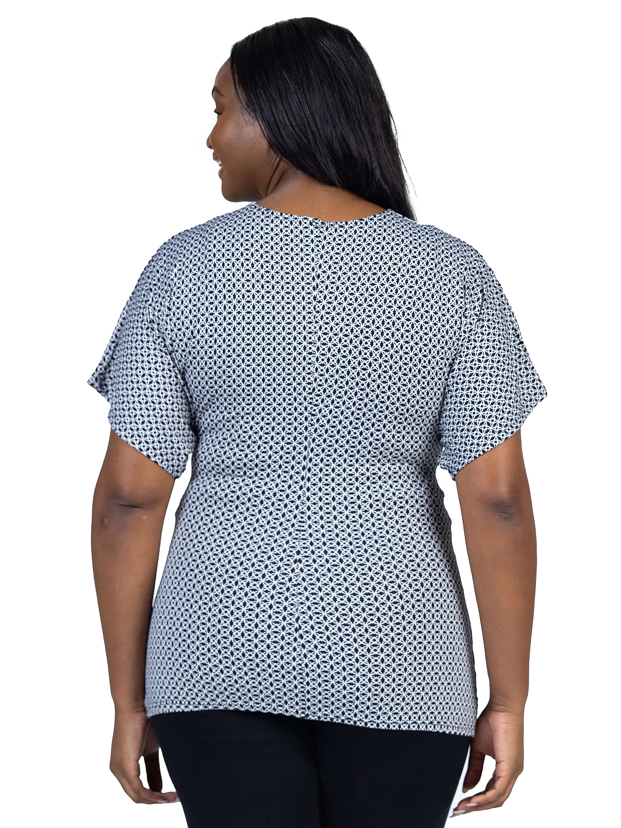 Plus Size V Neck Geometric Print Knot Front Kimono Sleeve Top