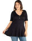 Elbow Sleeve Henley Plus Size Tunic Top
