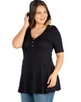 Elbow Sleeve Henley Plus Size Tunic Top