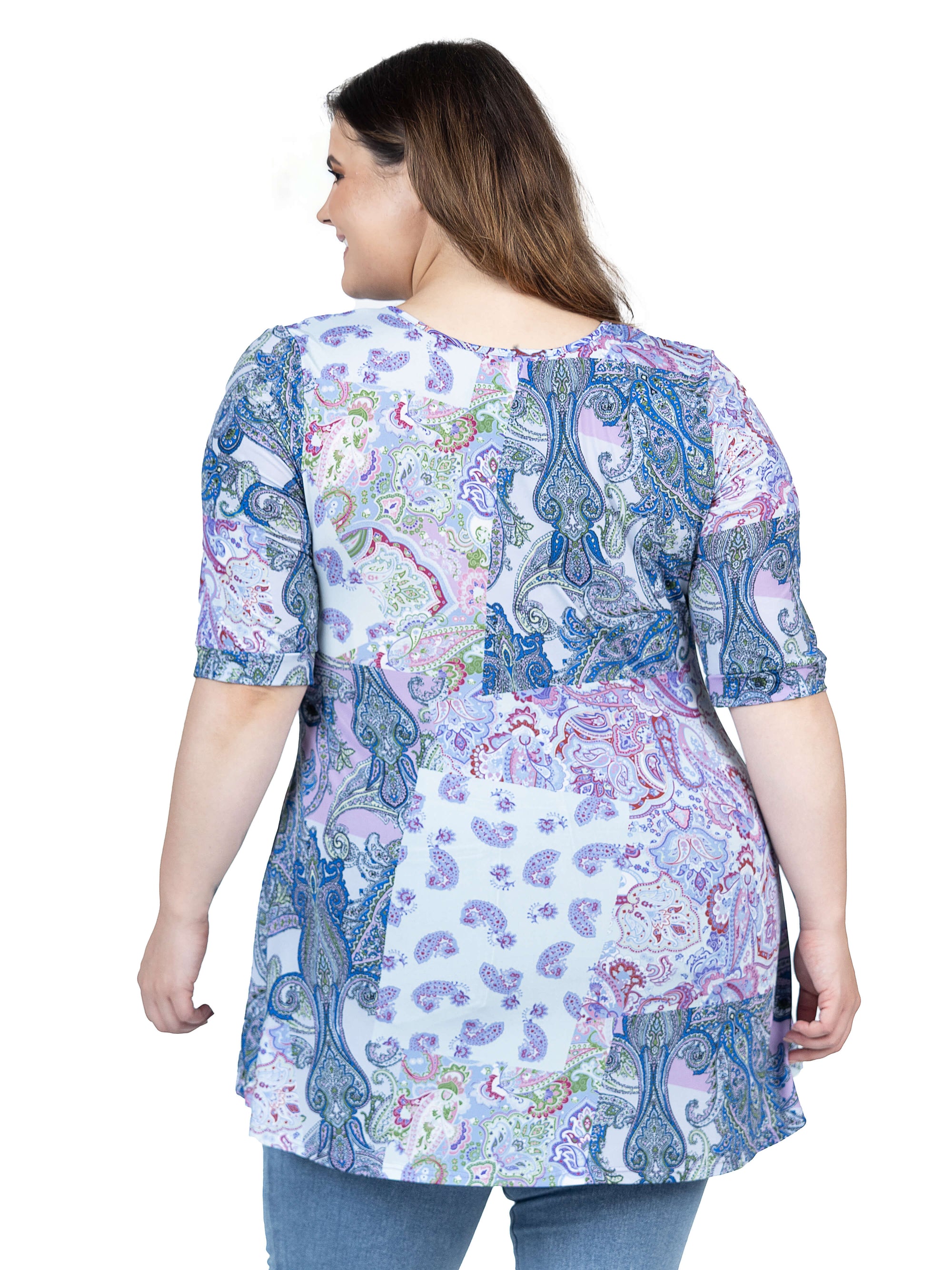 Purple Paisley Print Plus Size Elbow Sleeve V Neck Henley Tunic Top