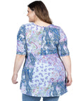 Purple Paisley Print Plus Size Elbow Sleeve V Neck Henley Tunic Top