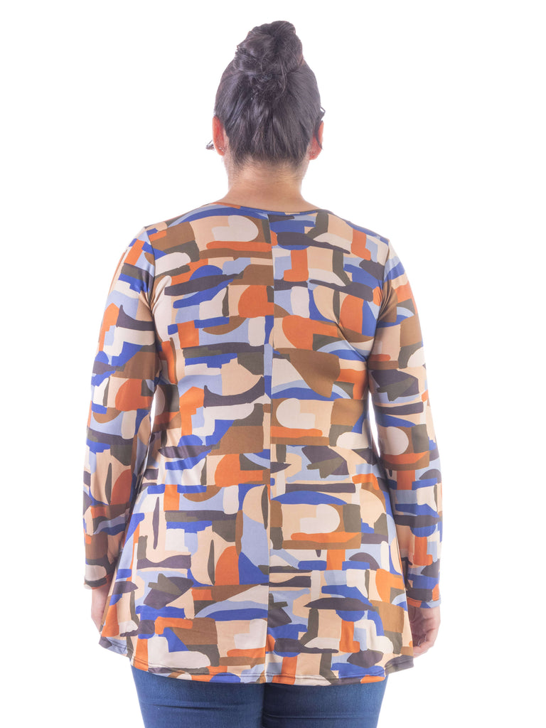 Orange Print Long Sleeve V Neck Plus Size Tunic Top