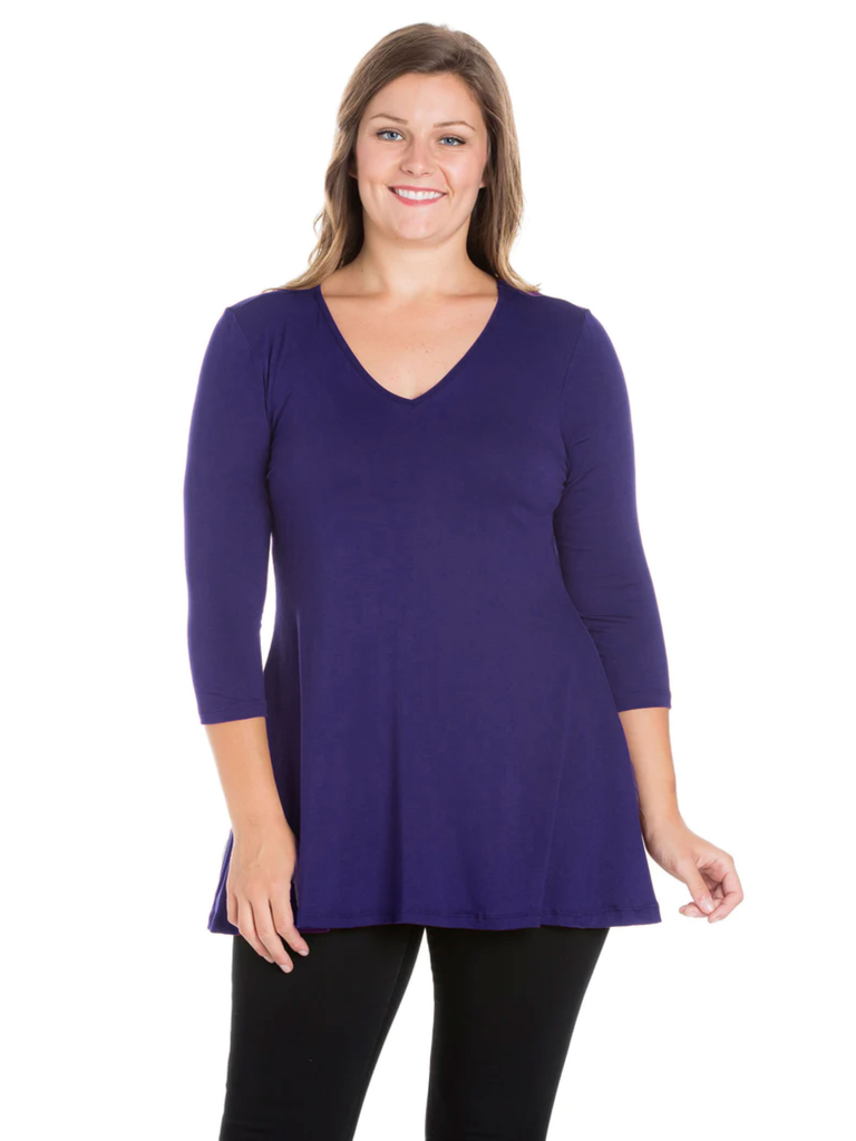 V-Neck Plus Size Three Quarter Sleeve Navy Blue Tunic Top For Women