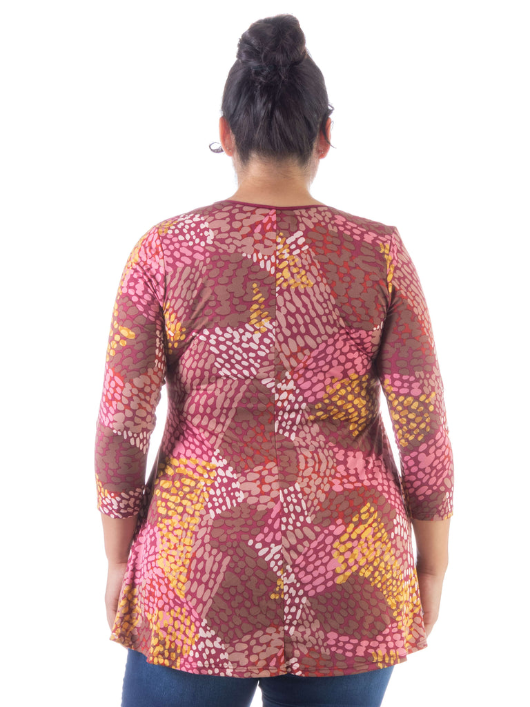 Red Print Plus Size V Neck Three Quarter Sleeve Tunic Top