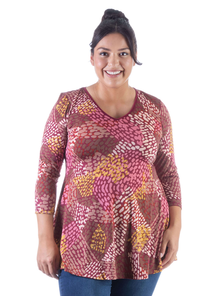 Red Print Plus Size V Neck Three Quarter Sleeve Tunic Top