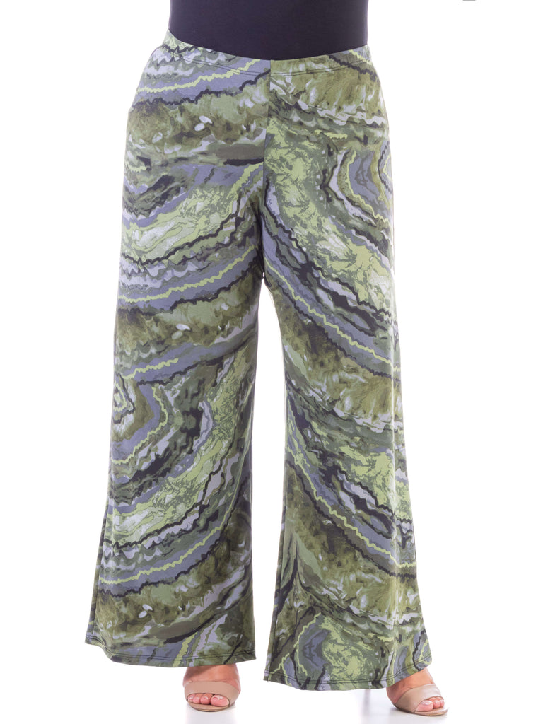 Sage Green Print Elastic Waist Plus Size Palazzo Pants