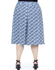 Navy Print Plus Size Elastic Waist Pleated Knee Length Pocket Skirt