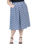 Navy Print Plus Size Elastic Waist Pleated Knee Length Pocket Skirt