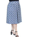 Navy Print Plus Size Elastic Waist Pleated Knee Length Pocket Skirt