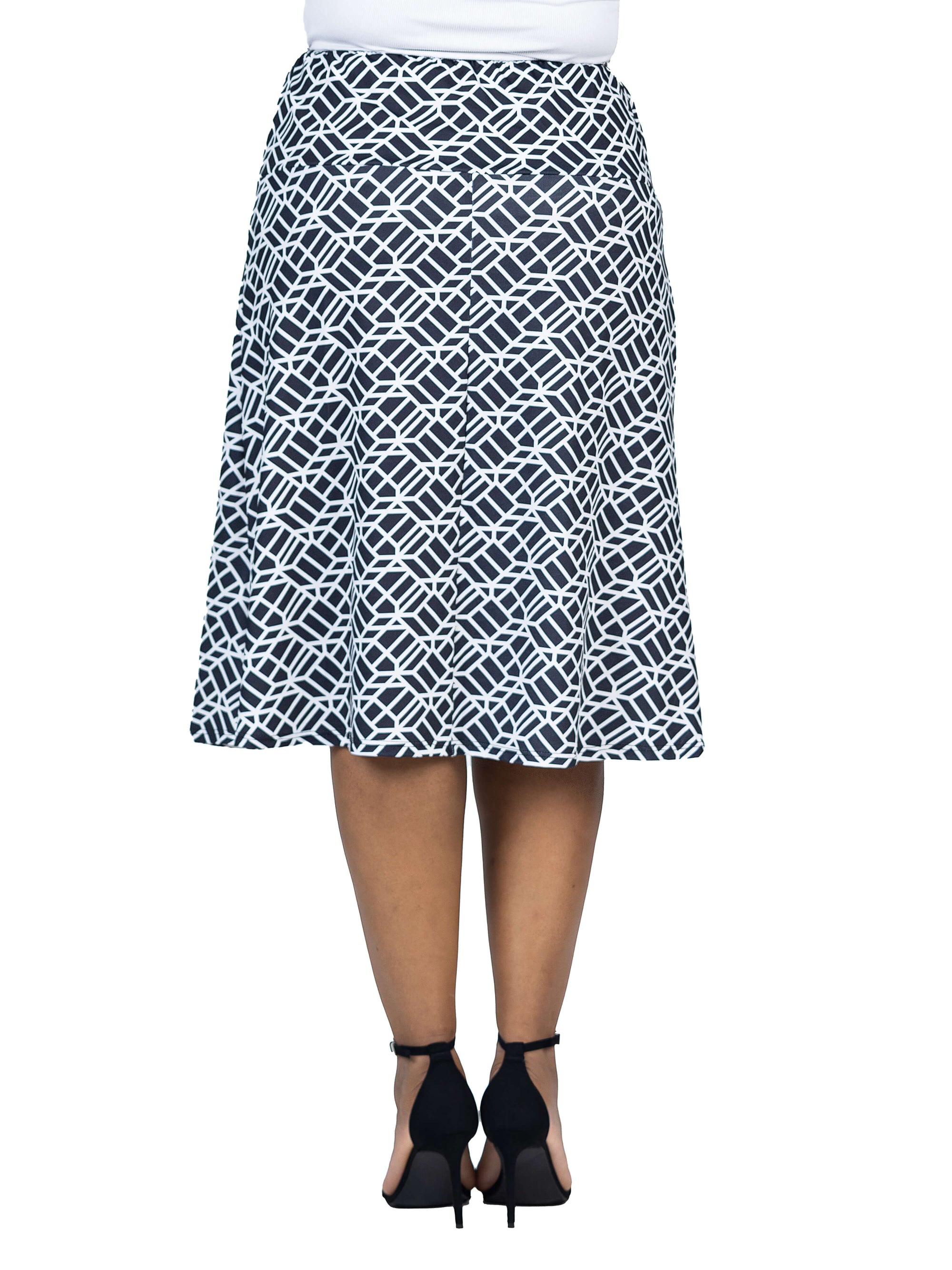 Plus Size Black Geometric Print Comfortable Elastic Waist Knee Length Skirt