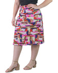 Plus Size Multicolor Abstract Print Elastic Waist Below Knee Length Skirt