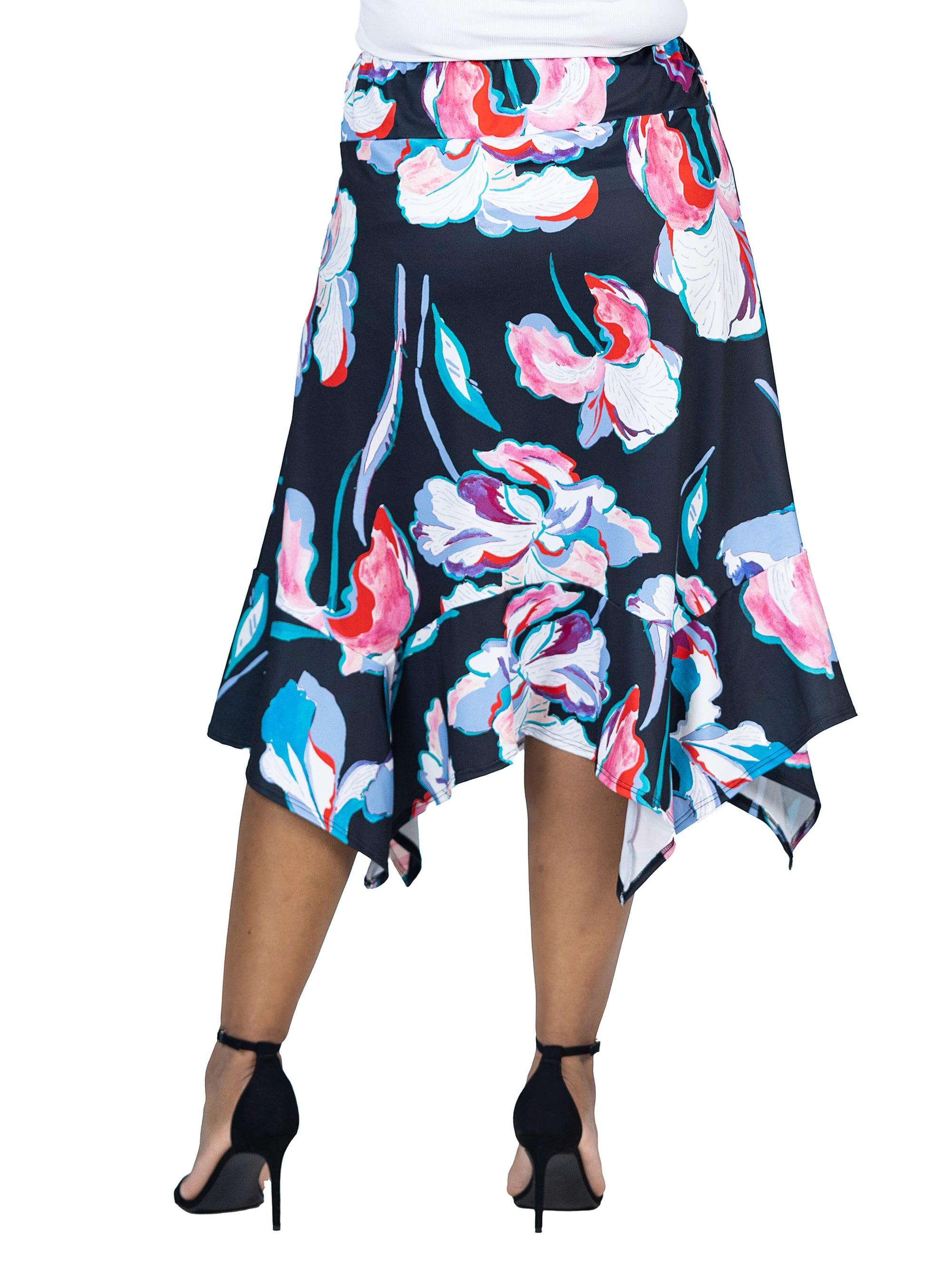 Plus Size Elastic Waist Floral Knee Length Handkerchief Hemline Skirt