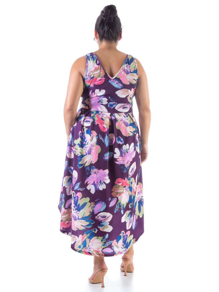 Purple Sleeveless Pleated High Low Plus Size Pocket Dress