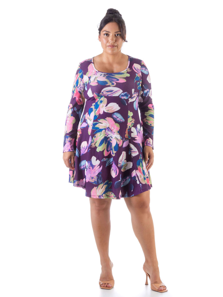 Floral Purple Long Sleeve Plus Size Knee Length Dress