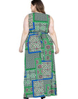 Plus Size Green Scarf Print V Neck Empire Waist Sleeveless Maxi Dress