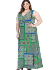 Plus Size Green Scarf Print V Neck Empire Waist Sleeveless Maxi Dress