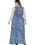 Plus Size Navy Abstract  Print V Neck Empire Waist Sleeveless Maxi Dress
