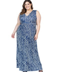 Plus Size Navy Abstract  Print V Neck Empire Waist Sleeveless Maxi Dress