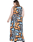 Plus Size Orange Butterfly Print V Neck Tie Back Empire Waist Sleeveless Maxi Dress