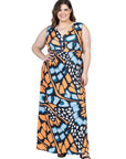 Plus Size Orange Butterfly Print V Neck Tie Back Empire Waist Sleeveless Maxi Dress
