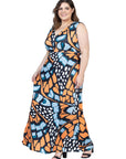 Plus Size Orange Butterfly Print V Neck Tie Back Empire Waist Sleeveless Maxi Dress