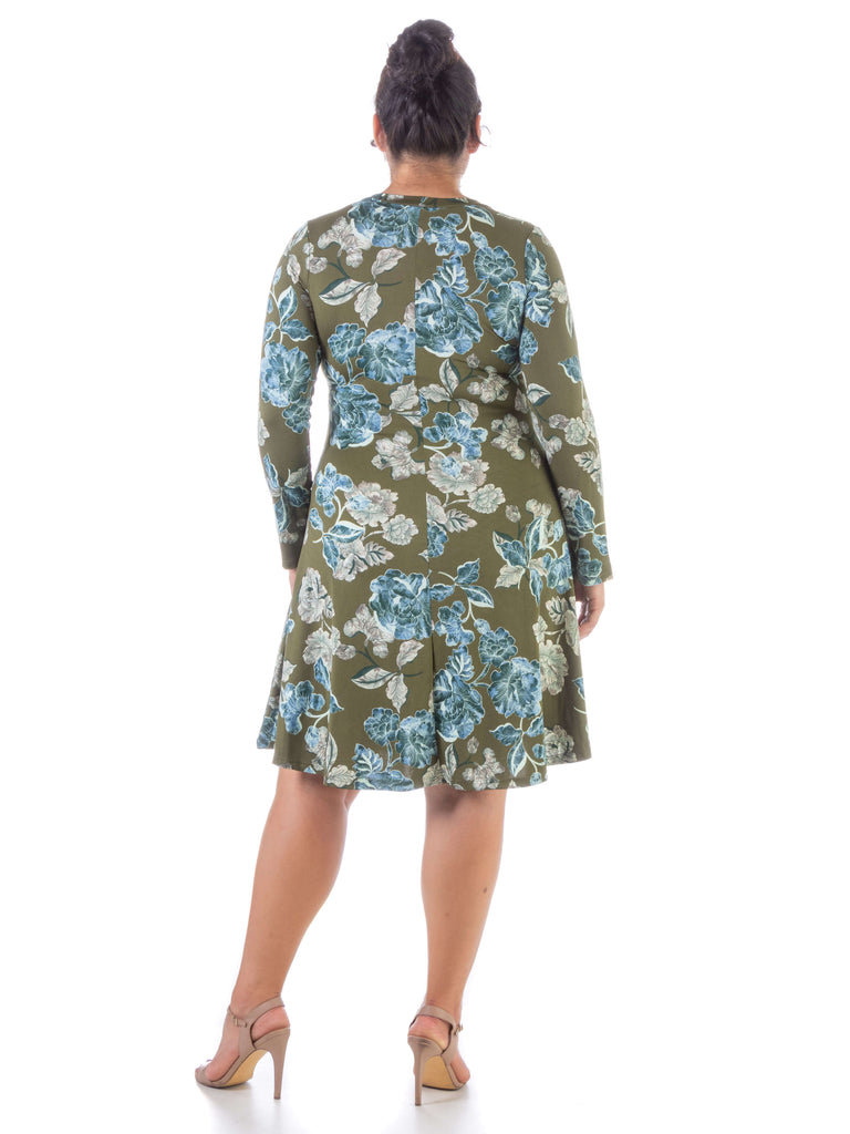 Green Floral Plus Size Long Sleeve Knee Length T Shirt Dress