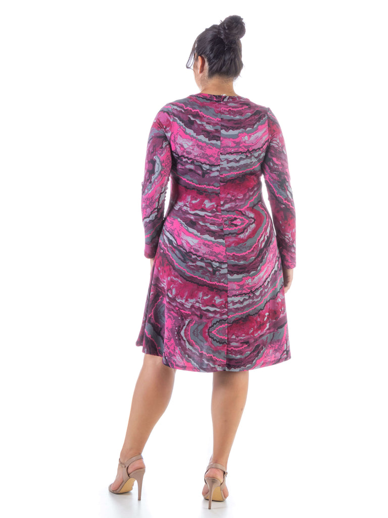 Pink Abstract Plus Size Long Sleeve Knee Length T Shirt Dress