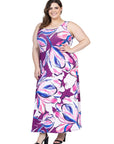 Plus Size Casual Purple Floral Scoop Neck Sleeveless Maxi Dress With Pockets