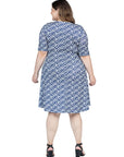 Plus Size Navy Geometric Print Knee Length Elbow Sleeve Dress