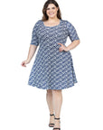 Plus Size Navy Geometric Print Knee Length Elbow Sleeve Dress