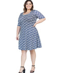 Plus Size Navy Geometric Print Knee Length Elbow Sleeve Dress