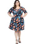 Plus Size Black Floral Print Elbow Sleeve Knee Length Dress