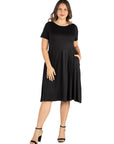 Short Sleeve Plus Size  Midi Skater Dress With Pockets