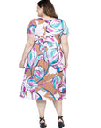 Plus Size Abstract Floral Short Sleeve Pleated Flare Midi Pocket Dress