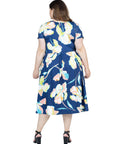 Plus Size Blue Floral Short Sleeve Pleated Flare Midi Pocket Dress