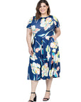 Plus Size Blue Floral Short Sleeve Pleated Flare Midi Pocket Dress