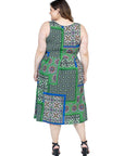 Plus Size Midi Length Green Scarf Print Sleeveless Pleated Pocket Dress