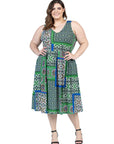 Plus Size Midi Length Green Scarf Print Sleeveless Pleated Pocket Dress