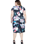 Black Floral Plus Size Knee Length Short Sleeve Faux Wrap Dress
