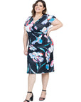 Black Floral Plus Size Knee Length Short Sleeve Faux Wrap Dress