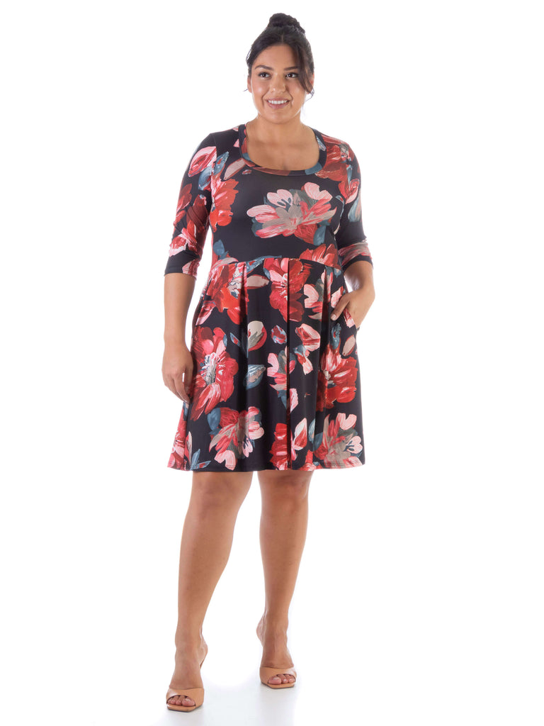 Red Floral Three Quarter Sleeve Plus Size Pleated Dress