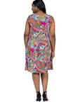 Pink Paisley Print Sleeveless Plus Size Pleated Knee Length Pocket Dress
