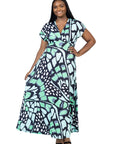 Plus Size Oversized Butterfly Print V Neck Empire Waist Kimono Cap Sleeve Maxi Dress