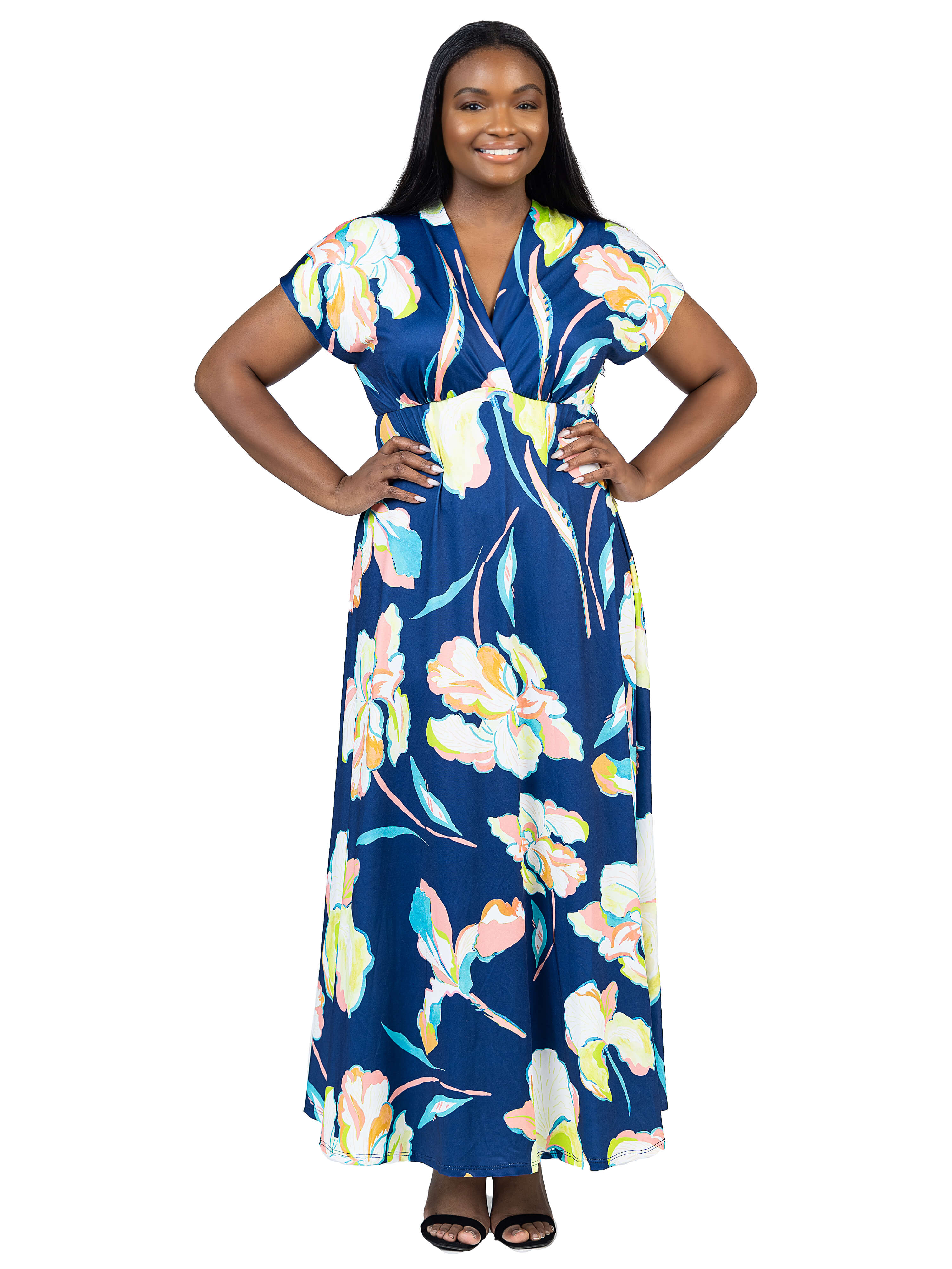 24seven Comfort Apparel Plus Size Navy Floral Print V Neck Empire Waist Cap Sleeve Maxi Dress Multicolor 1X