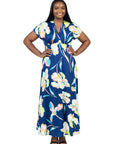 Plus Size Navy Floral Print V Neck Empire Waist Kimono Cap Sleeve Maxi Dress