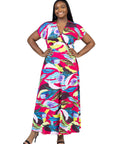 Plus Size Floral Print V Neck Empire Waist Kimono Cap Sleeve Maxi Dress