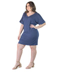 Plus Size Solid Color Loose Fit V Neck T Shirt Style Knee Length Dress