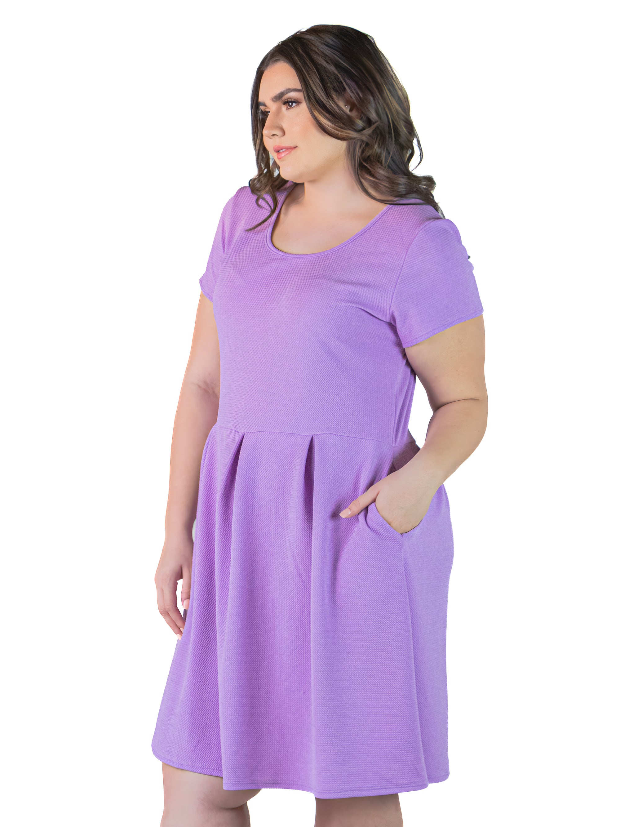 Plus Size Scoop Neck Knee Length Pleated Pocket Dress